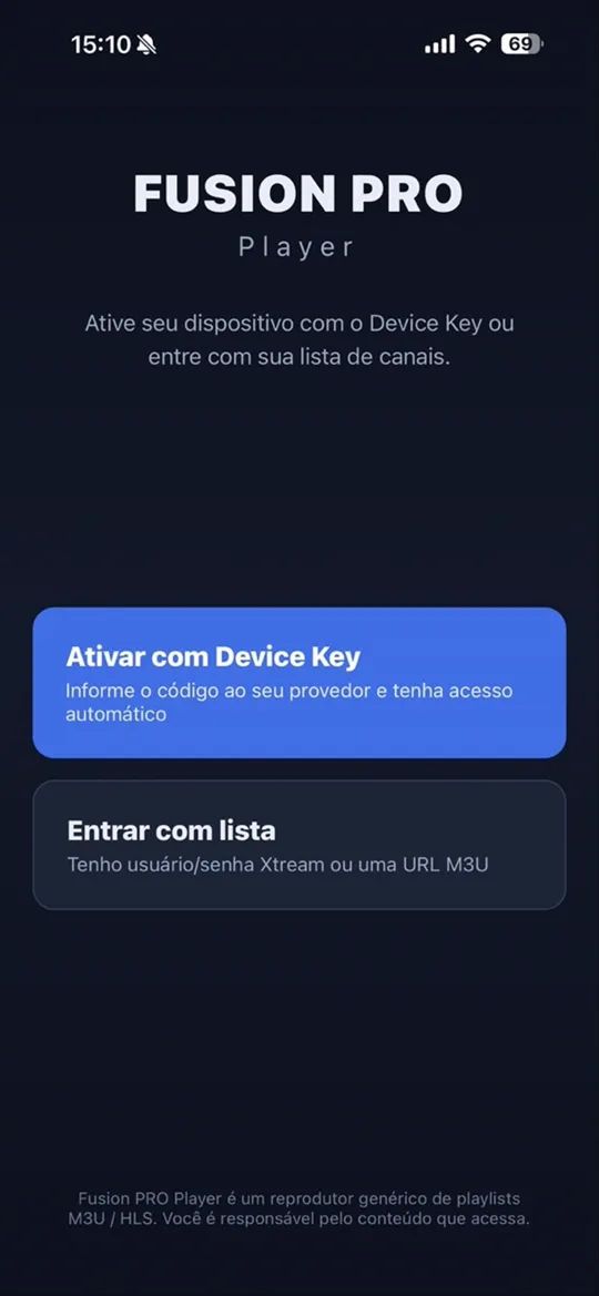 Tela inicial do Fusion PRO Player no iPhone